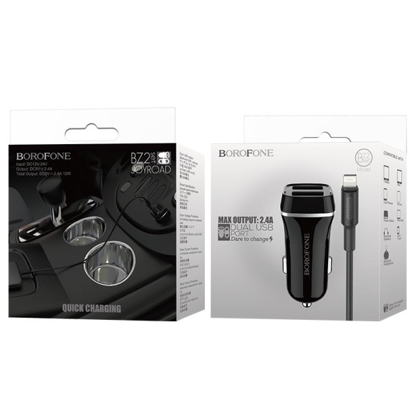 Ładowarka Samochodowa 2x USB Kabel Lightning W Zestawie Borofone Czarny