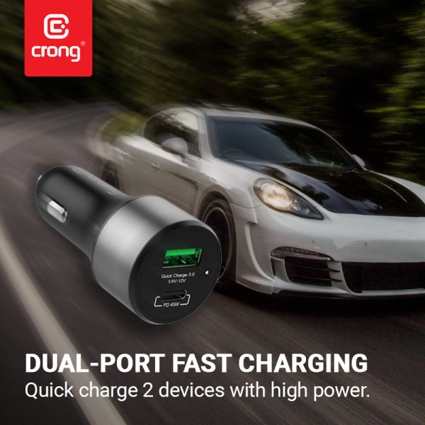 Ładowarka Samochodowa USB-C Pd 45 W + USB QC 3.0 18 W Crong Power Car Charger 63W Czarny