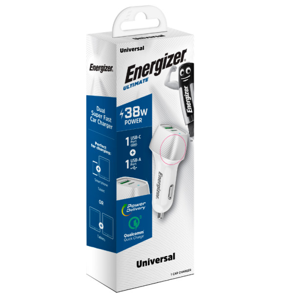 Ładowarka Samochodowa USB-C & USB-A 38 W Pd + QC 3.0 Energizer Ultimate Biały