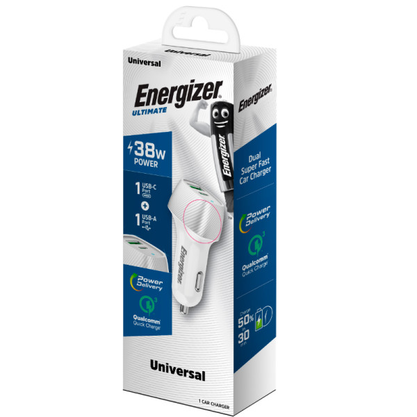Ładowarka Samochodowa USB-C & USB-A 38 W Pd + QC 3.0 Energizer Ultimate Biały