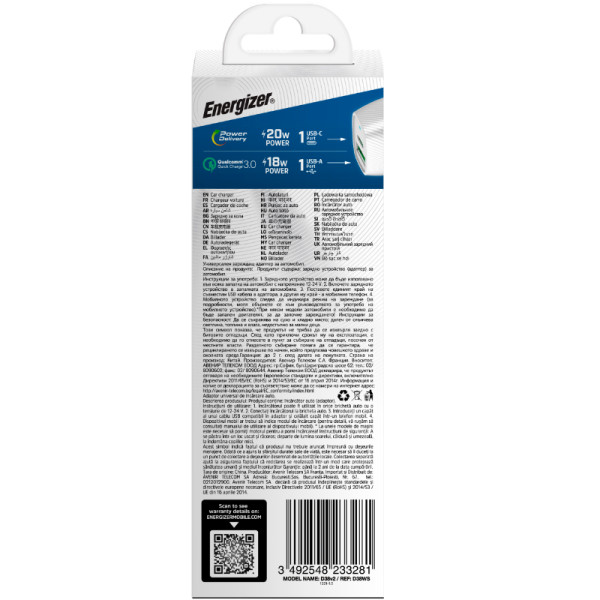 Ładowarka Samochodowa USB-C & USB-A 38 W Pd + QC 3.0 Energizer Ultimate Biały