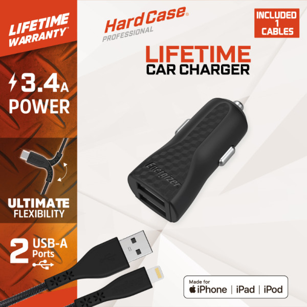 Ładowarka Samochodowa 2x USB-A 17 W 3.4A + Kabel Lightning Certyfikat Mfi Energizer Hardcase Czarny