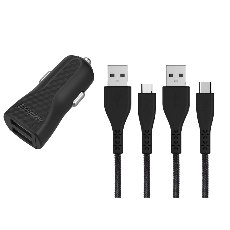 Ładowarka Samochodowa 2x USB-A 2.4A + Kabel USB-C & Micro USB Energizer Hardcase Czarny