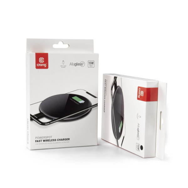 Ładowarka Bezprzewodowa Aluminiowa QI 15 W USB-C Z Powłoką Ze Szkła Hartowanego Crong Powerspot Fast Wireless Charger Czarny