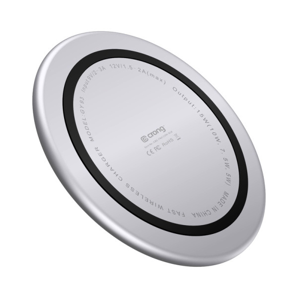 Ładowarka Bezprzewodowa Aluminiowa QI 15 W USB-C Z Powłoką Ze Szkła Hartowanego Crong Powerspot Fast Wireless Charger Srebrny