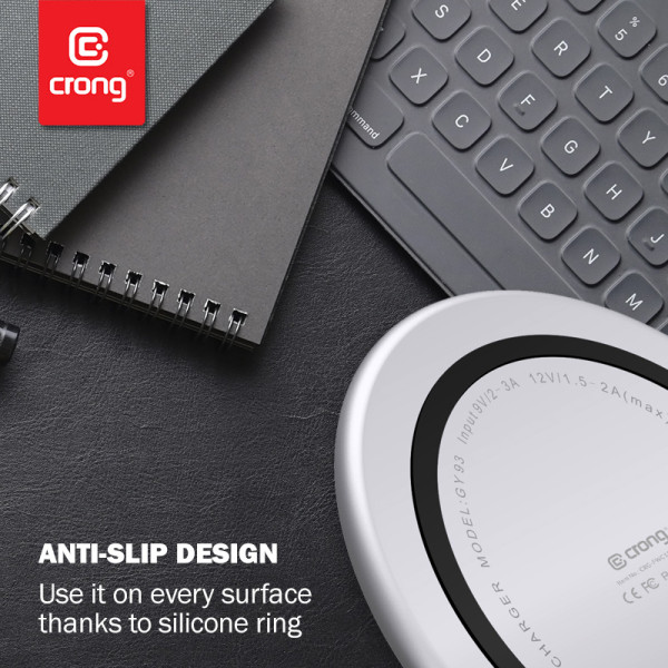 Ładowarka Bezprzewodowa Aluminiowa QI 15 W USB-C Z Powłoką Ze Szkła Hartowanego Crong Powerspot Fast Wireless Charger Srebrny