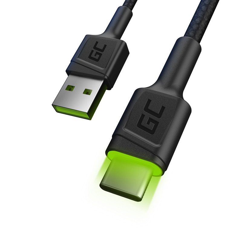 Kabel Przewód USB - USB-C 200 cm Z Zielonym Podświetleniem Led. Szybkie Ładowanie Ultra Charge . QC 3.0 Green Cell Ray Czarny