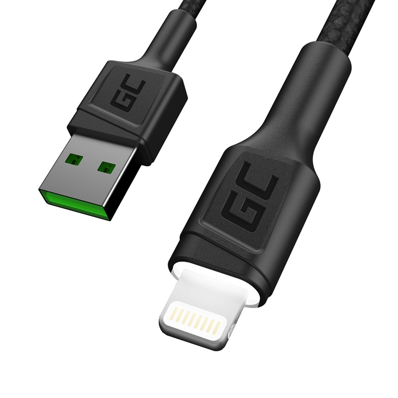 Kabel Przewód USB - Lightning 120 cm Z Białym Podświetleniem Led. Szybkie Ładowanie Apple 2.4A Green Cell Ray Czarny