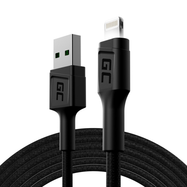 Kabel Przewód USB - Lightning 200 cm Z Białym Podświetleniem Led. Szybkie Ładowanie Apple 2.4A Green Cell Ray Czarny