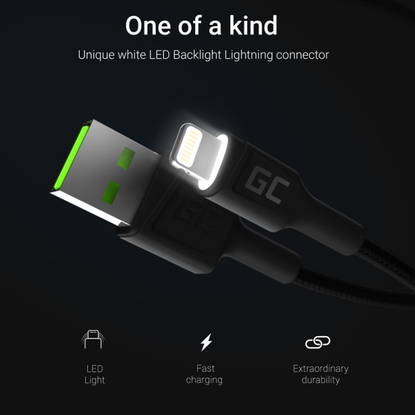 Kabel Przewód USB - Lightning 200 cm Z Białym Podświetleniem Led. Szybkie Ładowanie Apple 2.4A Green Cell Ray Czarny