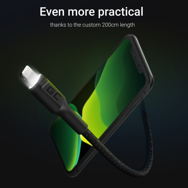 Kabel Przewód USB - Lightning 200 cm Z Białym Podświetleniem Led. Szybkie Ładowanie Apple 2.4A Green Cell Ray Czarny