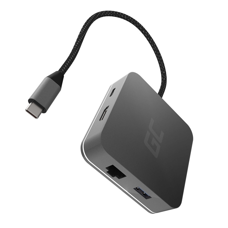 Adapter / Przejściówka Hub USB-C 6w1 USB 3.0 HDMI Ethernet USB-C Green Cell Srebrny