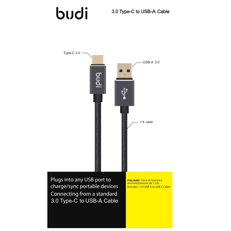 Kabel USB-A - USB-C. Pozłacane Wtyki. Transfer Do 5Gb / S. 1.2 m Budi Czarny