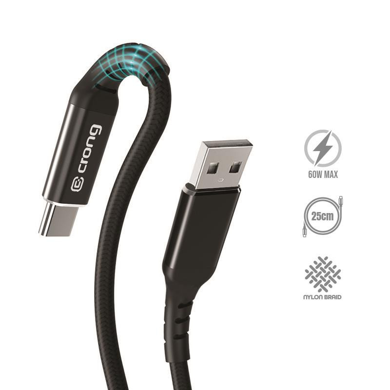 Kabel 60 W 3A USB-A Do USB-C Fast Charging 25 cm Crong Armor Link Czarny