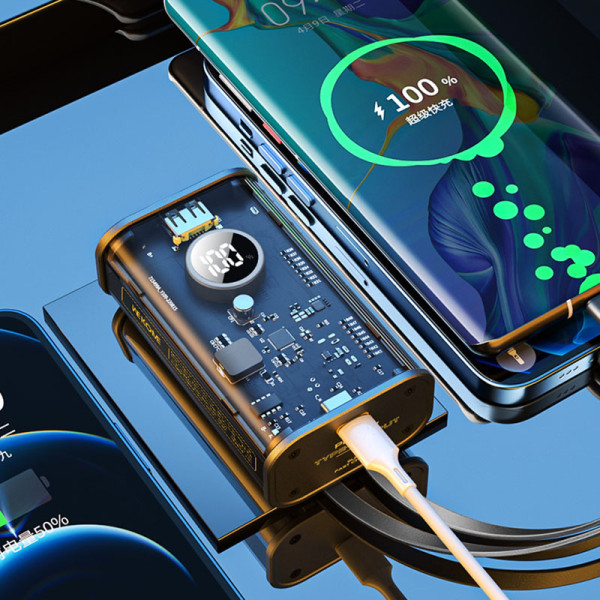 Powerbank 10000 mAh Fast Charging Z Wbudowanym Kablem USB-C & Lightning PD 20 W + QC 22.5W Wekome Wp-345 Vanguard Series Czarny