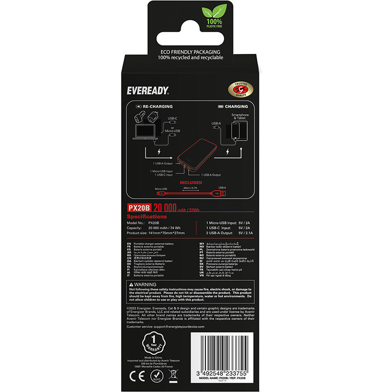 Powerbank 20000 mAh 2x USB-A Eveready PX20B Czarny