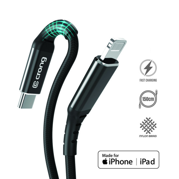 Kabel USB-C Lightning Fast Charging Z Certyfikat Mfi 150 cm Crong Armor Link Czarny