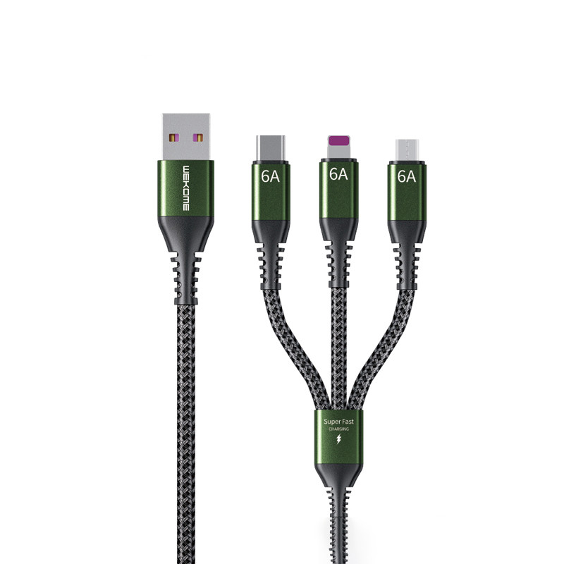 Kabel Połączeniowy 3w1 USB-A Do USB-C + Lightning + Micro USB Fast Charging Pd 1.2 m Wekome WDC-170 Raython Series Czarny