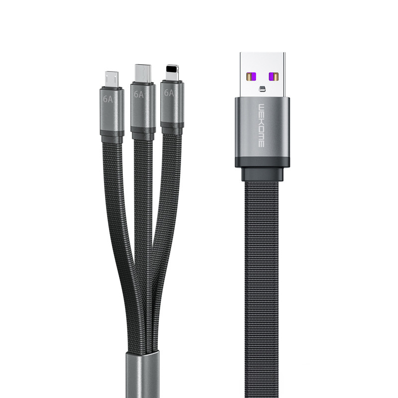 Kabel Połączeniowy 3w1 USB-A Do Lightning + USB-C + Micro USB 6A Fast Charging 1.3 m Wekome WDC-157 King Kong 2Nd Gen Czarny