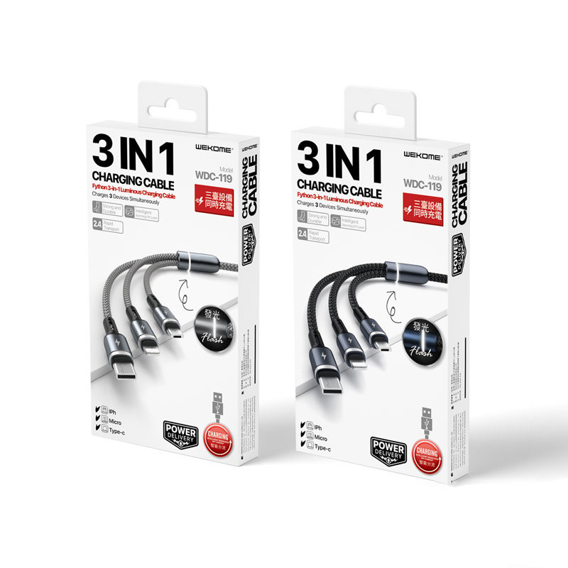 Kabel Połączeniowy 3w1 USB-A Do Lightning +...