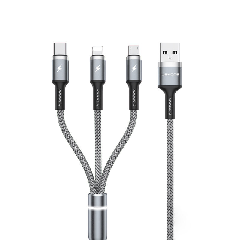 Kabel Połączeniowy 3w1 USB-A Do Lightning + USB-C + Micro USB Pd 1.2 m Wekome Wdc - 119 Fython Series Srebrny