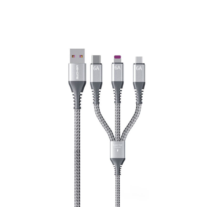 Kabel Połączeniowy 3w1 USB-A Do USB-C + Lightning + Micro USB Fast Charging Pd 1.2 m Wekome Wdc - 170 Raython Series Srebrny