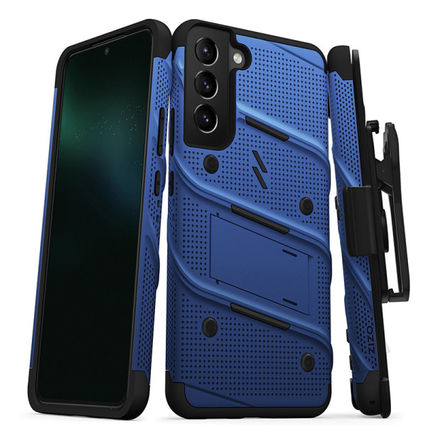 Etui Pancerne Do Samsung Galaxy S22+ Ze Szkłem 9H Na Ekran + Uchwyt Z Podstawką Zizo Bolt Series Niebieski