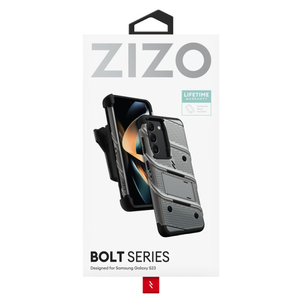 Etui Pancerne Do Samsung Galaxy S23 Ze Szkłem 9H Na Ekran + Uchwyt Z Podstawką Zizo Bolt Series Szary