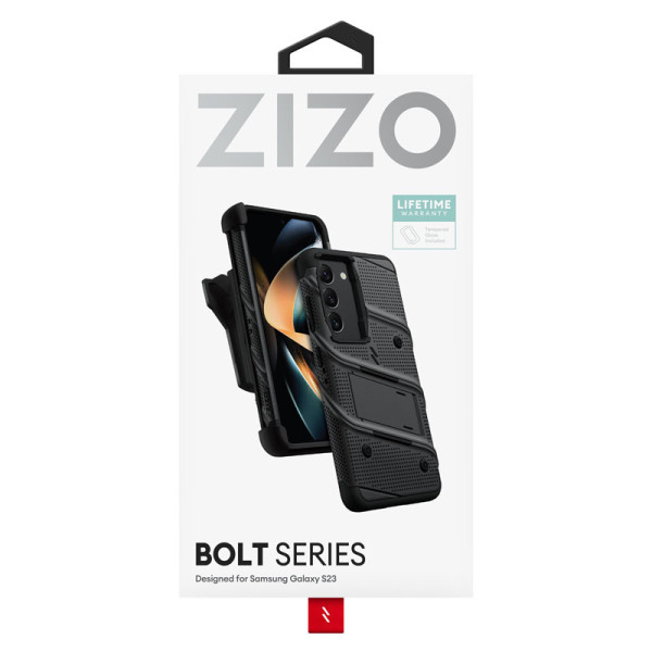 Etui Pancerne Do Samsung Galaxy S23 Ze Szkłem 9H Na Ekran + Uchwyt Z Podstawką Zizo Bolt Series Czarny