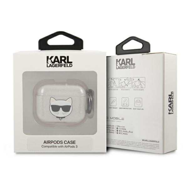 Etui Do AirPods 3 Karl Lagerfeld Choupette Head Glitter Srebrny