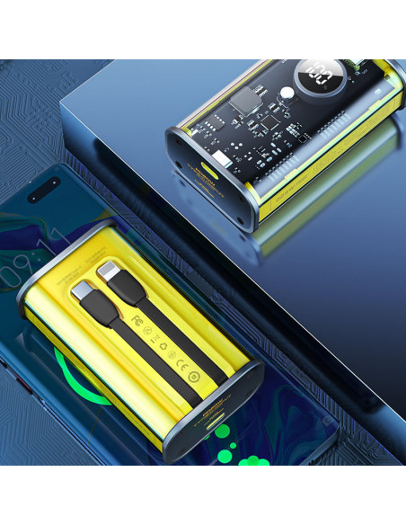 Powerbank 10000 mAh Fast Charging Z Wbudowanym Kablem USB-C & Lightning PD 20W + QC 22.5W Wekome Wp-345 Vanguard Series Żółty