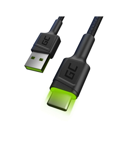 Kabel USB/USB-C 120cm Z Zielonym Podświetleniem Led I Obsługą Szybkiego Ładowania Ultra Charge QC3.0 Green Cell Ray Czarny
