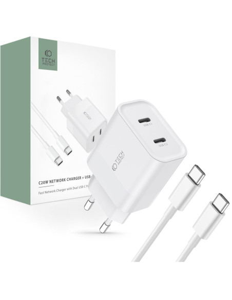 ŁaDowarka sieciowa 2-Porty C20W PD20W + USB-C Kabel Tech-Protect Biały