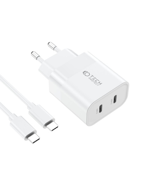ŁaDowarka sieciowa 2-Porty C20W PD20W + USB-C Kabel Tech-Protect Biały