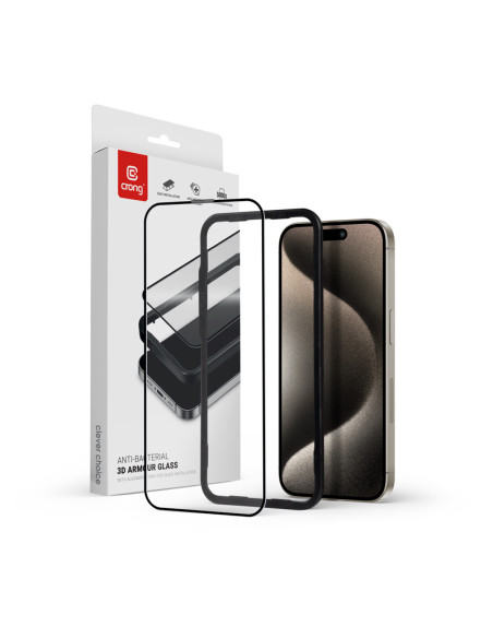 Szkło hartowane 9H na cały ekran iPhone 15 Pro Max + ramka instalacyjna Crong Anti-Bacterial 3D Armour Glass