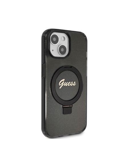Etui Do iPhone 15 Plus Guess Ring Stand Script Glitter MagSafe Czarny