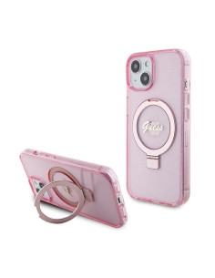 Etui Do iPhone 15 Plus Guess Ring Stand Script Glitter MagSafe Różowy