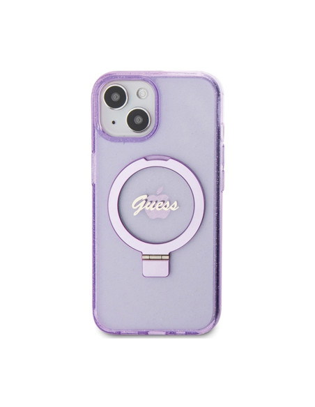 Etui Do iPhone 15 Plus Guess Ring Stand Script Glitter MagSafe Fioletowy