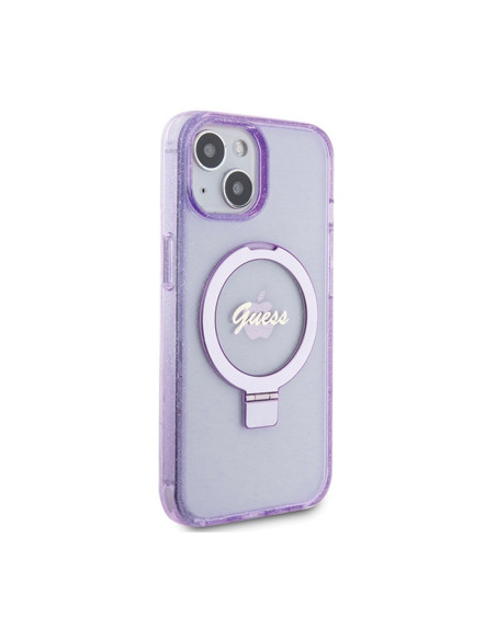 Etui Do iPhone 15 Plus Guess Ring Stand Script Glitter MagSafe Fioletowy