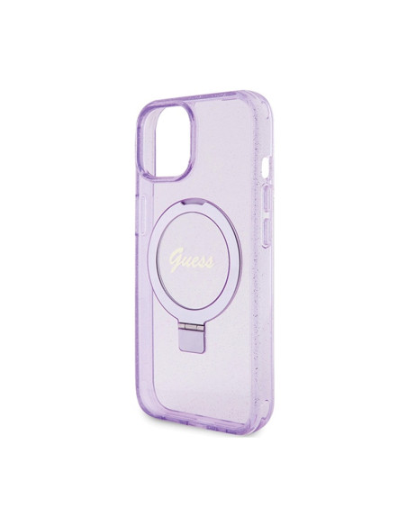 Etui Do iPhone 15 Plus Guess Ring Stand Script Glitter MagSafe Fioletowy
