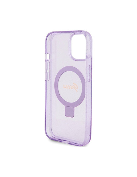 Etui Do iPhone 15 Plus Guess Ring Stand Script Glitter MagSafe Fioletowy