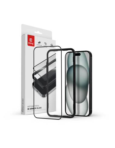 Szkło hartowane 9H na cały ekran iPhone 15 Plus + ramka instalacyjna Crong Anti-Bacterial 3D Armour Glass