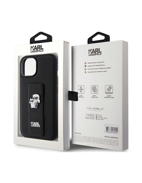 Etui Do iPhone 15 Plus Karl Lagerfeld Gripstand Saffiano Karl & Choupette Pins Czarny
