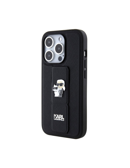Etui Do iPhone 15 Pro Max Karl Lagerfeld Gripstand Saffiano Karl & Choupette Pins Czarny