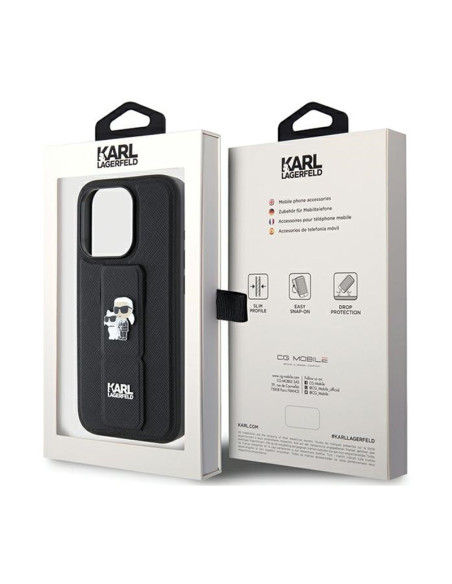 Etui Do iPhone 15 Pro Max Karl Lagerfeld Gripstand Saffiano Karl & Choupette Pins Czarny