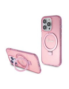 Etui Do iPhone 15 Pro Guess Ring Stand Script Glitter MagSafe Różowy