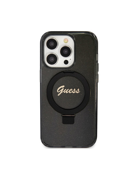 Etui Do iPhone 15 Pro Guess Ring Stand Script Glitter MagSafe Czarny