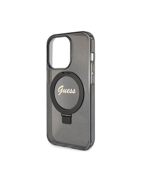 Etui Do iPhone 15 Pro Guess Ring Stand Script Glitter MagSafe Czarny