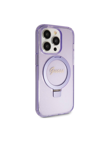 Etui Do iPhone 15 Pro Guess Ring Stand Script Glitter MagSafe Fioletowy