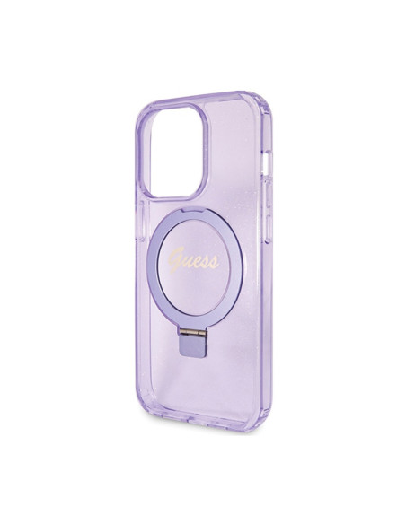 Etui Do iPhone 15 Pro Guess Ring Stand Script Glitter MagSafe Fioletowy